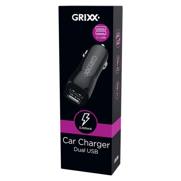 Grixx Autolader Dual USB 3.1A Zwart 3D