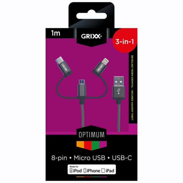 Grixx Kabel 3-in-1 - USB naar Micro USB, USB-C en Lightning (Apple) 2D