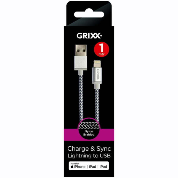 Grixx Kabel Lightning (Apple) naar USB MFI Licentie 1 meter Grijs-Wit 2D