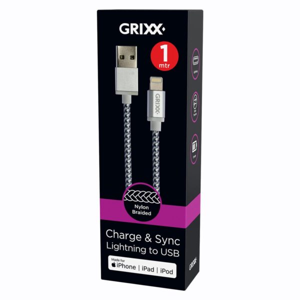 Grixx Kabel Lightning (Apple) naar USB MFI Licentie 1 meter Grijs-Wit 3D