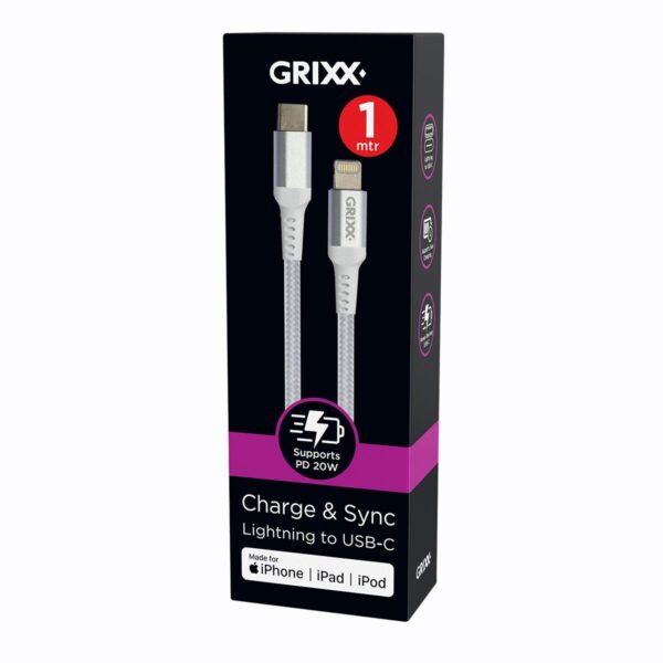 Grixx Kabel Lightning naar USB-C 1 meter Wit 3D