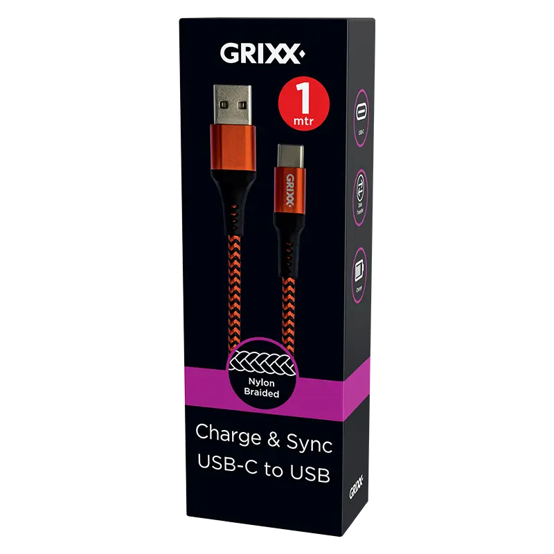 Grixx, USB-C naar USB-A Kabel, 1 meter, Rood-Zwart