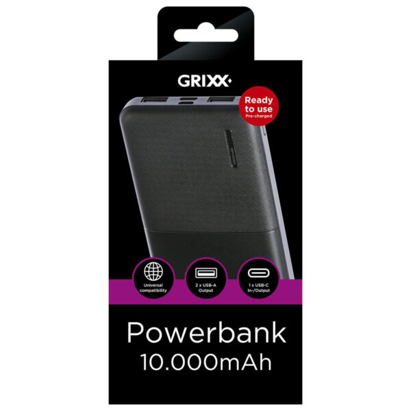Grixx Powerbank 10000mAh met Micro USB en USB-C Poort Zwart 2D
