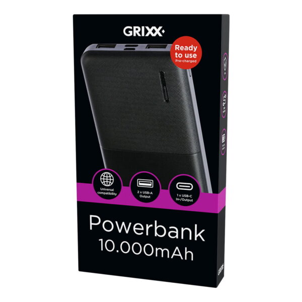 Grixx Powerbank 10000mAh met Micro USB en USB-C Poort Zwart 3D
