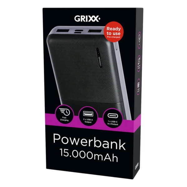 Grixx Powerbank 15000mAh Power Delivery met Micro USB en USB-C Poort Zwart 3D