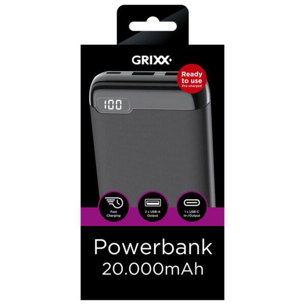 Grixx Powerbank 20000mAh Power Delivery met USB-C Poort Zwart 2D