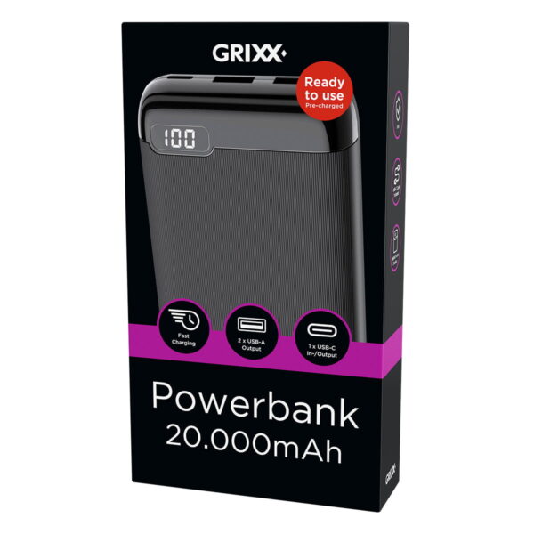 Grixx Powerbank 20000mAh Power Delivery met USB-C Poort Zwart 3D