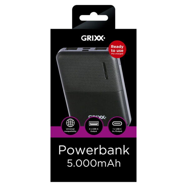 Grixx Powerbank 5000mAh met Micro USB en USB-C Poort Zwart 2D