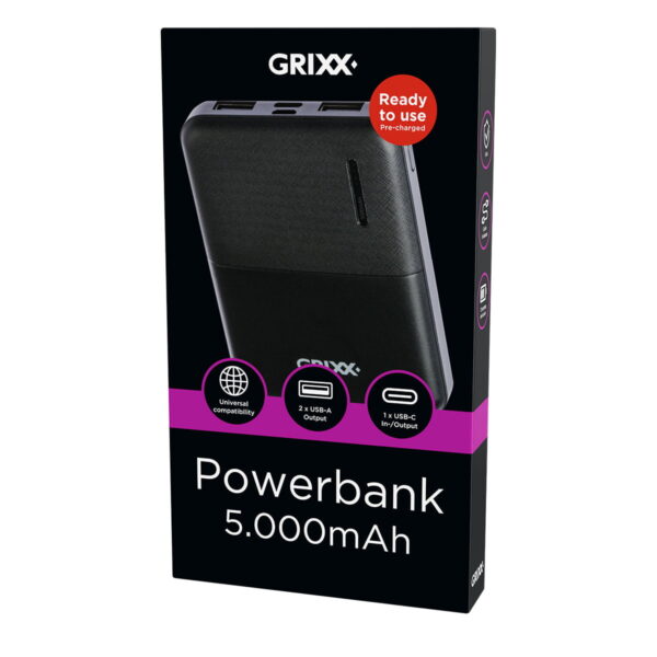 Grixx Powerbank 5000mAh met Micro USB en USB-C Poort Zwart 3D